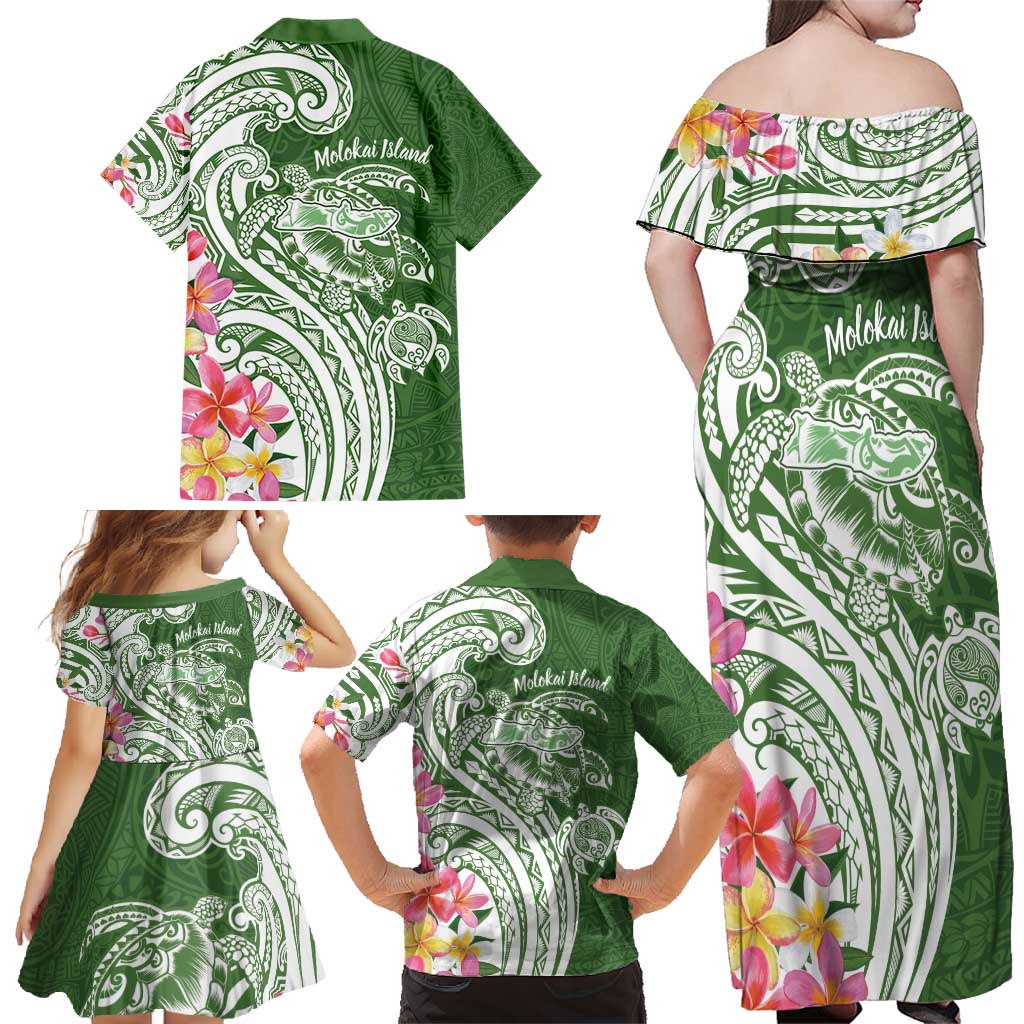 Aloha Molokai Island Personalized Family Matching Off Shoulder Maxi Dress and Hawaiian Shirt Sage Dreamy Turtle