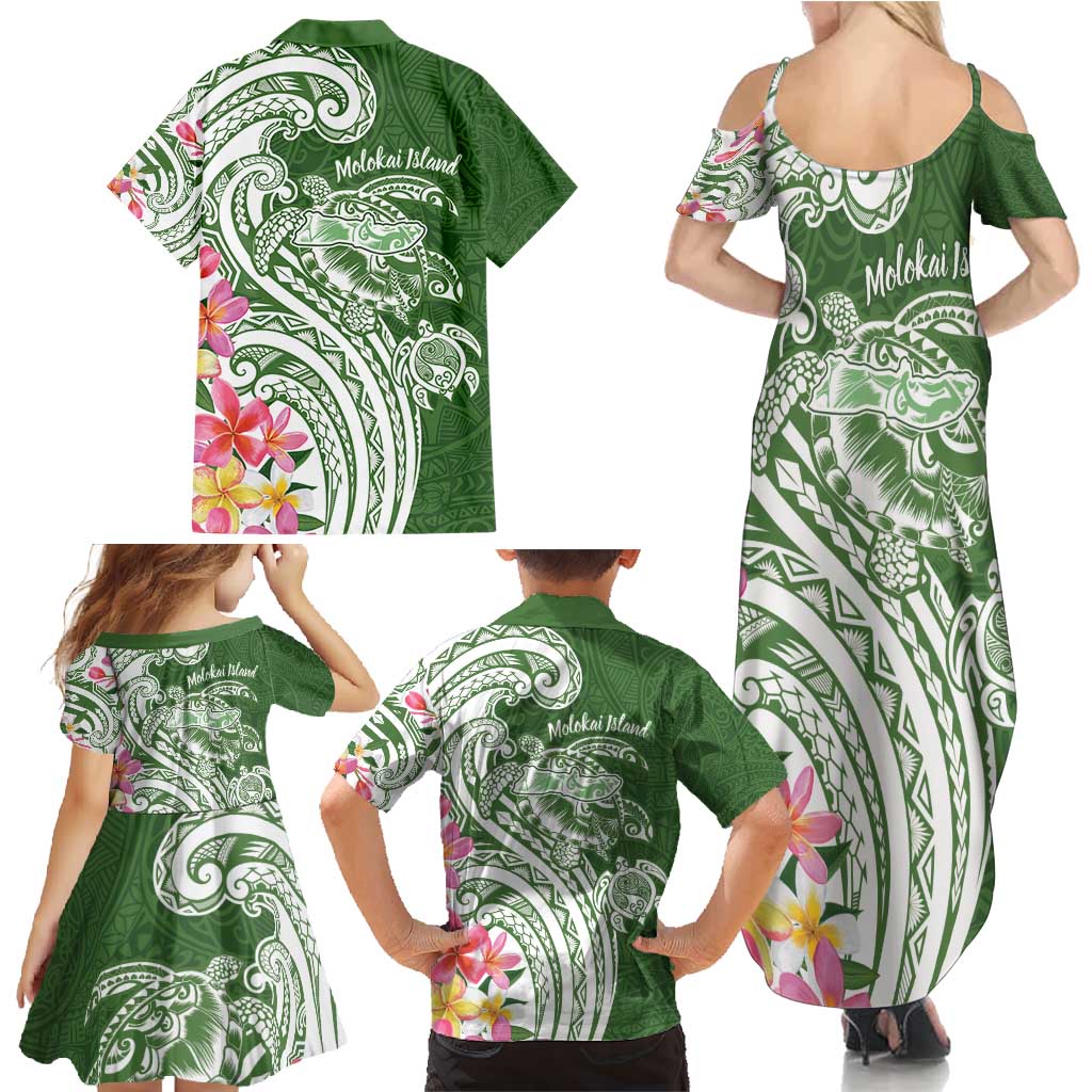Aloha Molokai Island Personalized Family Matching Summer Maxi Dress and Hawaiian Shirt Sage Dreamy Turtle