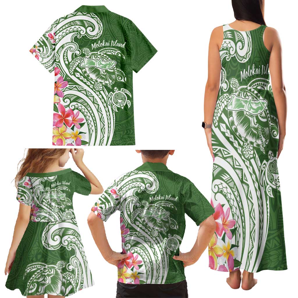 Aloha Molokai Island Personalized Family Matching Tank Maxi Dress and Hawaiian Shirt Sage Dreamy Turtle