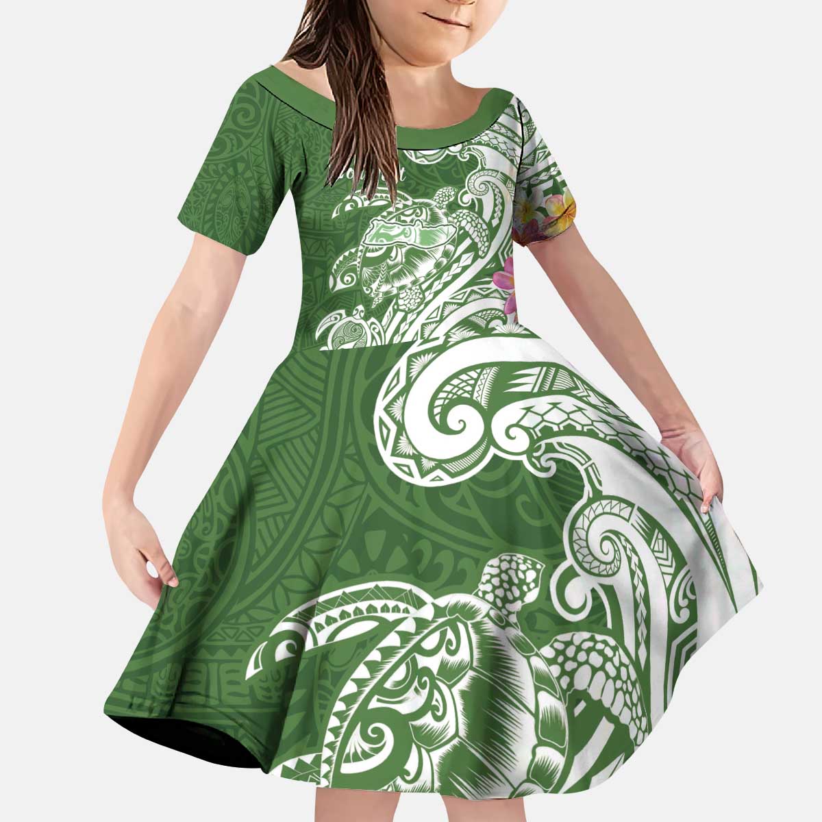 Aloha Molokai Island Personalized Kid Short Sleeve Dress Sage Dreamy Turtle