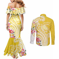 Aloha Oahu Island Personalized Couples Matching Mermaid Dress and Long Sleeve Button Shirt Yellow Dreamy Turtle LT7 - Polynesian Pride
