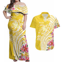Aloha Oahu Island Personalized Couples Matching Off Shoulder Maxi Dress and Hawaiian Shirt Yellow Dreamy Turtle LT7 Yellow - Polynesian Pride