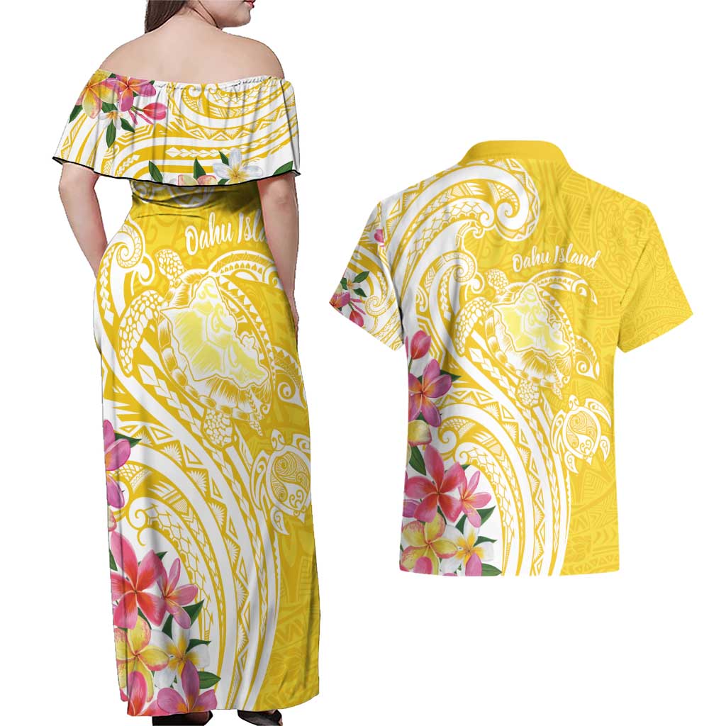 Aloha Oahu Island Personalized Couples Matching Off Shoulder Maxi Dress and Hawaiian Shirt Yellow Dreamy Turtle LT7 - Polynesian Pride