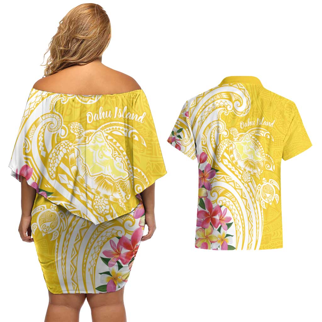 Aloha Oahu Island Personalized Couples Matching Off Shoulder Short Dress and Hawaiian Shirt Yellow Dreamy Turtle LT7 - Polynesian Pride