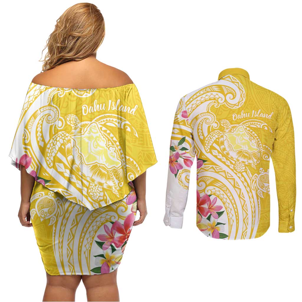 Aloha Oahu Island Personalized Couples Matching Off Shoulder Short Dress and Long Sleeve Button Shirt Yellow Dreamy Turtle LT7 - Polynesian Pride