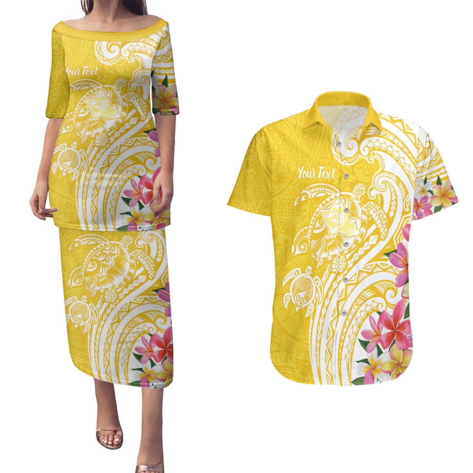 Aloha Oahu Island Personalized Couples Matching Puletasi and Hawaiian Shirt Yellow Dreamy Turtle LT7 Yellow - Polynesian Pride