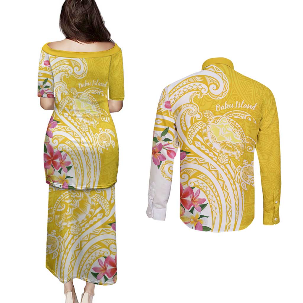 Aloha Oahu Island Personalized Couples Matching Puletasi and Long Sleeve Button Shirt Yellow Dreamy Turtle LT7 - Polynesian Pride