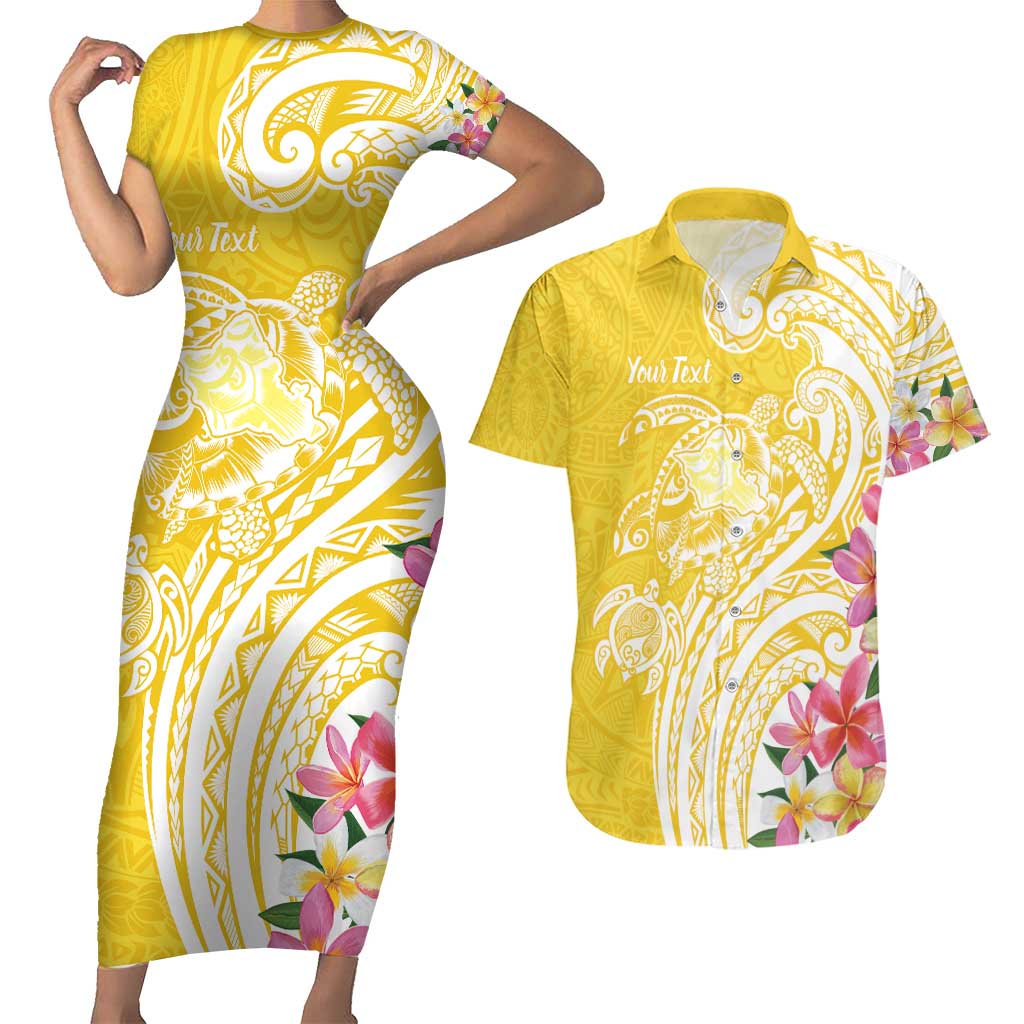 Aloha Oahu Island Personalized Couples Matching Short Sleeve Bodycon Dress and Hawaiian Shirt Yellow Dreamy Turtle LT7 Yellow - Polynesian Pride