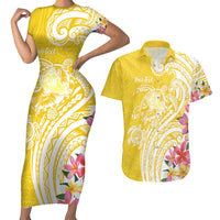 Aloha Oahu Island Personalized Couples Matching Short Sleeve Bodycon Dress and Hawaiian Shirt Yellow Dreamy Turtle LT7 Yellow - Polynesian Pride