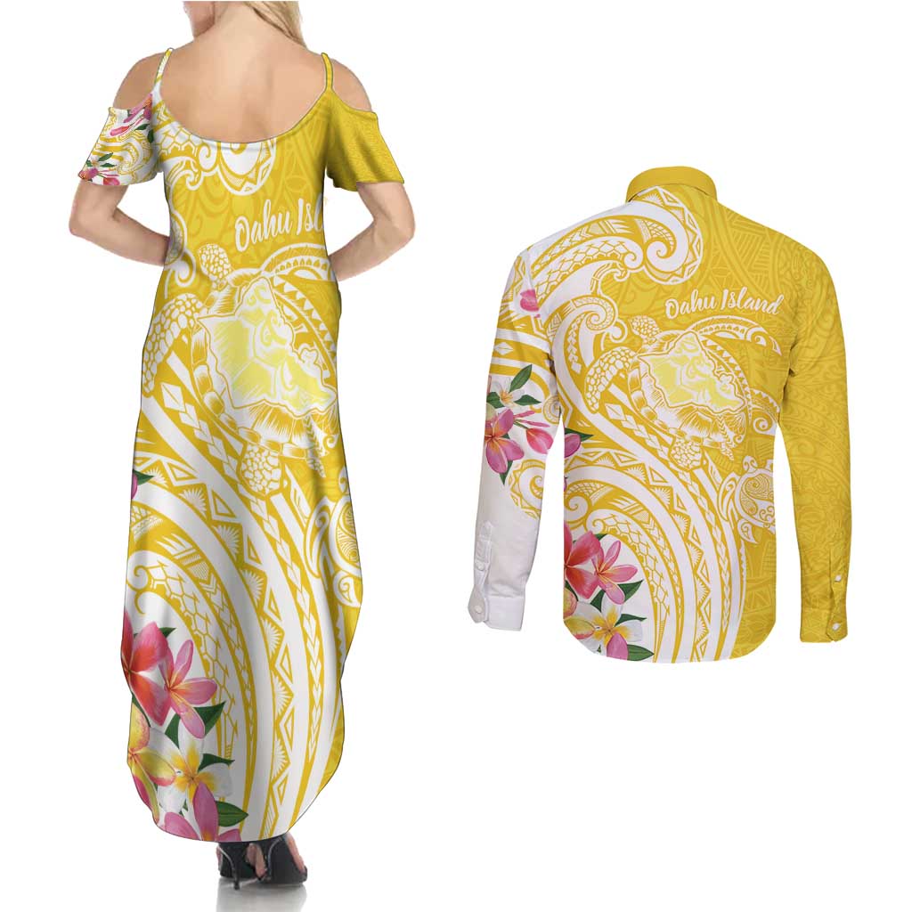 Aloha Oahu Island Personalized Couples Matching Summer Maxi Dress and Long Sleeve Button Shirt Yellow Dreamy Turtle LT7 - Polynesian Pride