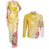 Aloha Oahu Island Personalized Couples Matching Tank Maxi Dress and Long Sleeve Button Shirt Yellow Dreamy Turtle LT7 Yellow - Polynesian Pride