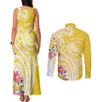 Aloha Oahu Island Personalized Couples Matching Tank Maxi Dress and Long Sleeve Button Shirt Yellow Dreamy Turtle LT7 - Polynesian Pride