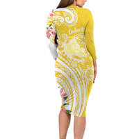 Aloha Oahu Island Personalized Family Matching Long Sleeve Bodycon Dress and Hawaiian Shirt Yellow Dreamy Turtle
