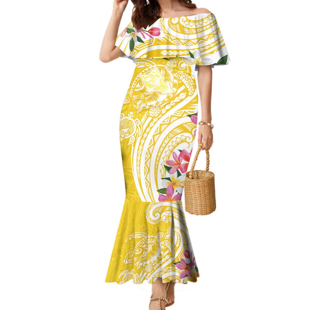 Aloha Oahu Island Personalized Family Matching Mermaid Dress and Hawaiian Shirt Yellow Dreamy Turtle