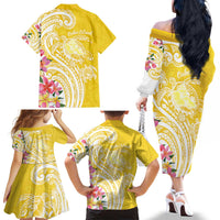 Aloha Oahu Island Personalized Family Matching Off The Shoulder Long Sleeve Dress and Hawaiian Shirt Yellow Dreamy Turtle