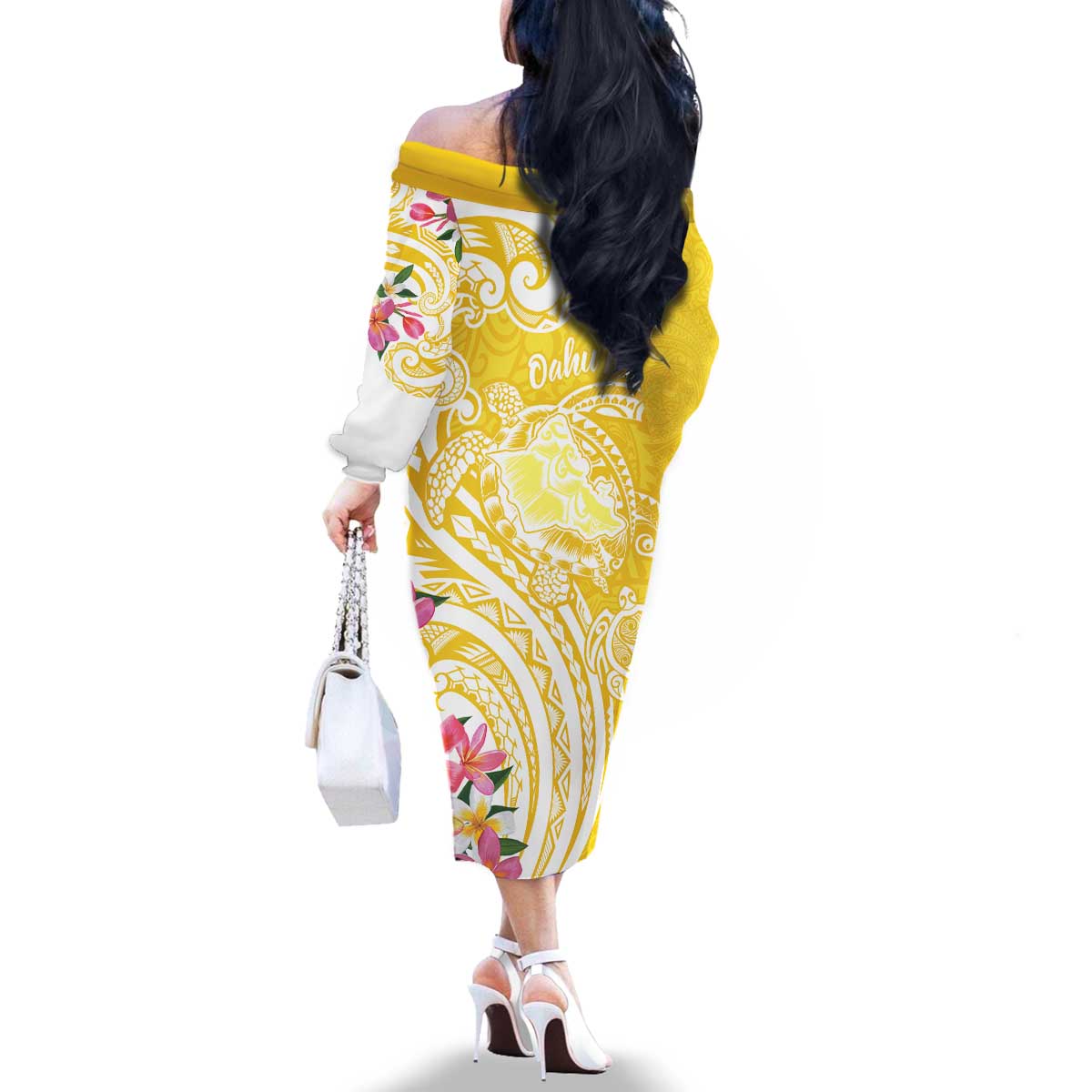 Aloha Oahu Island Personalized Family Matching Off The Shoulder Long Sleeve Dress and Hawaiian Shirt Yellow Dreamy Turtle