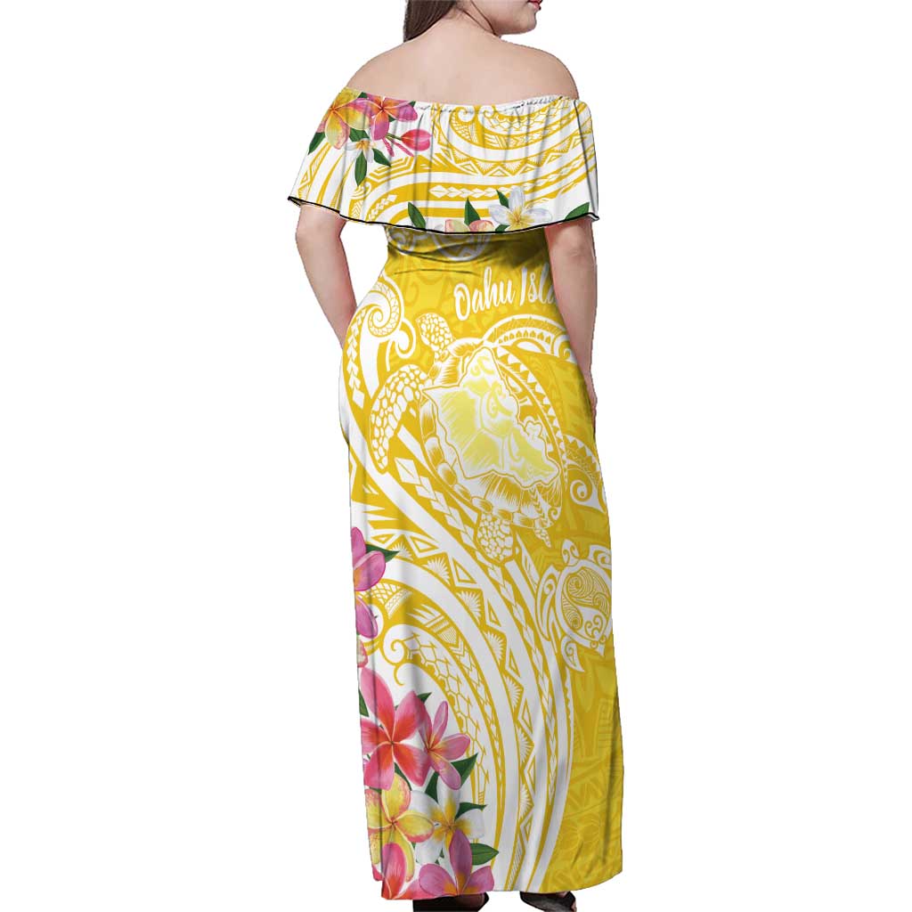 Aloha Oahu Island Personalized Family Matching Off Shoulder Maxi Dress and Hawaiian Shirt Yellow Dreamy Turtle
