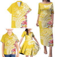 Aloha Oahu Island Personalized Family Matching Puletasi and Hawaiian Shirt Yellow Dreamy Turtle