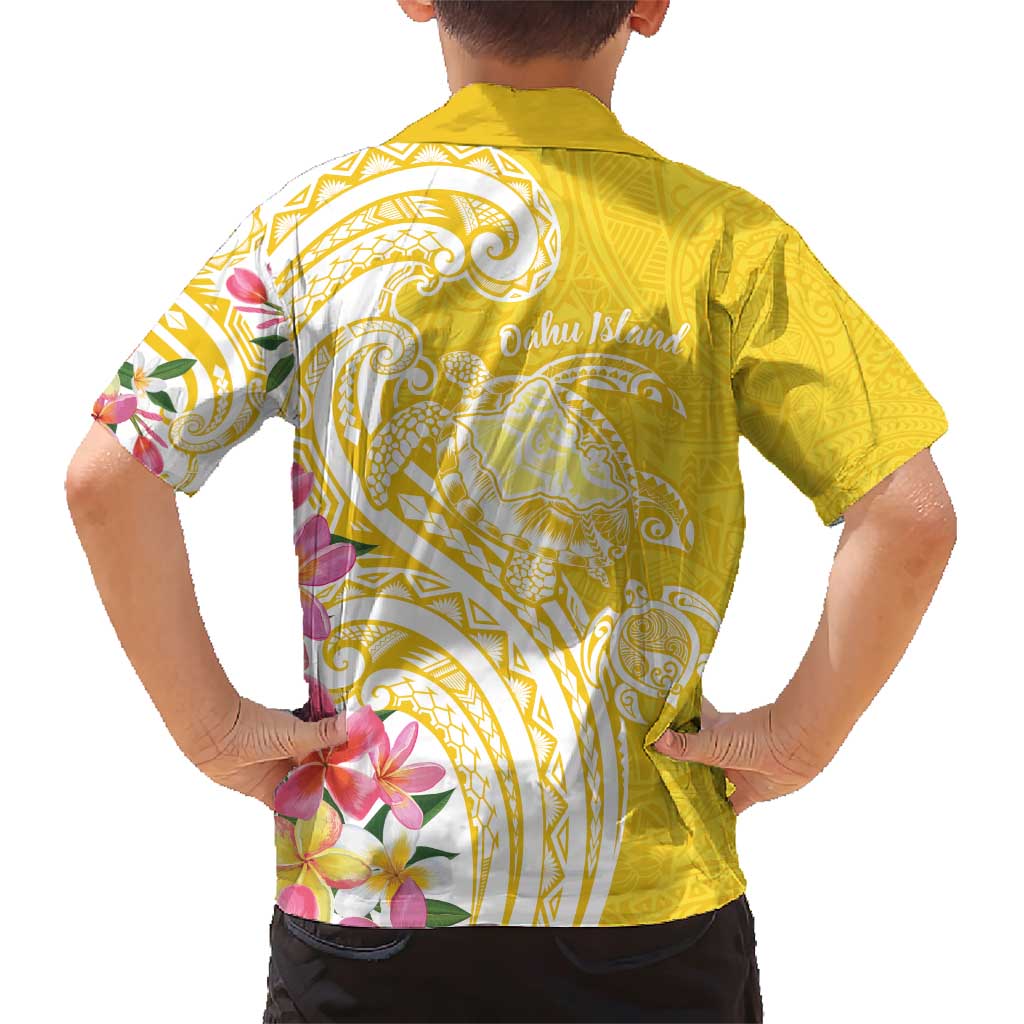 Aloha Oahu Island Personalized Family Matching Short Sleeve Bodycon Dress and Hawaiian Shirt Yellow Dreamy Turtle