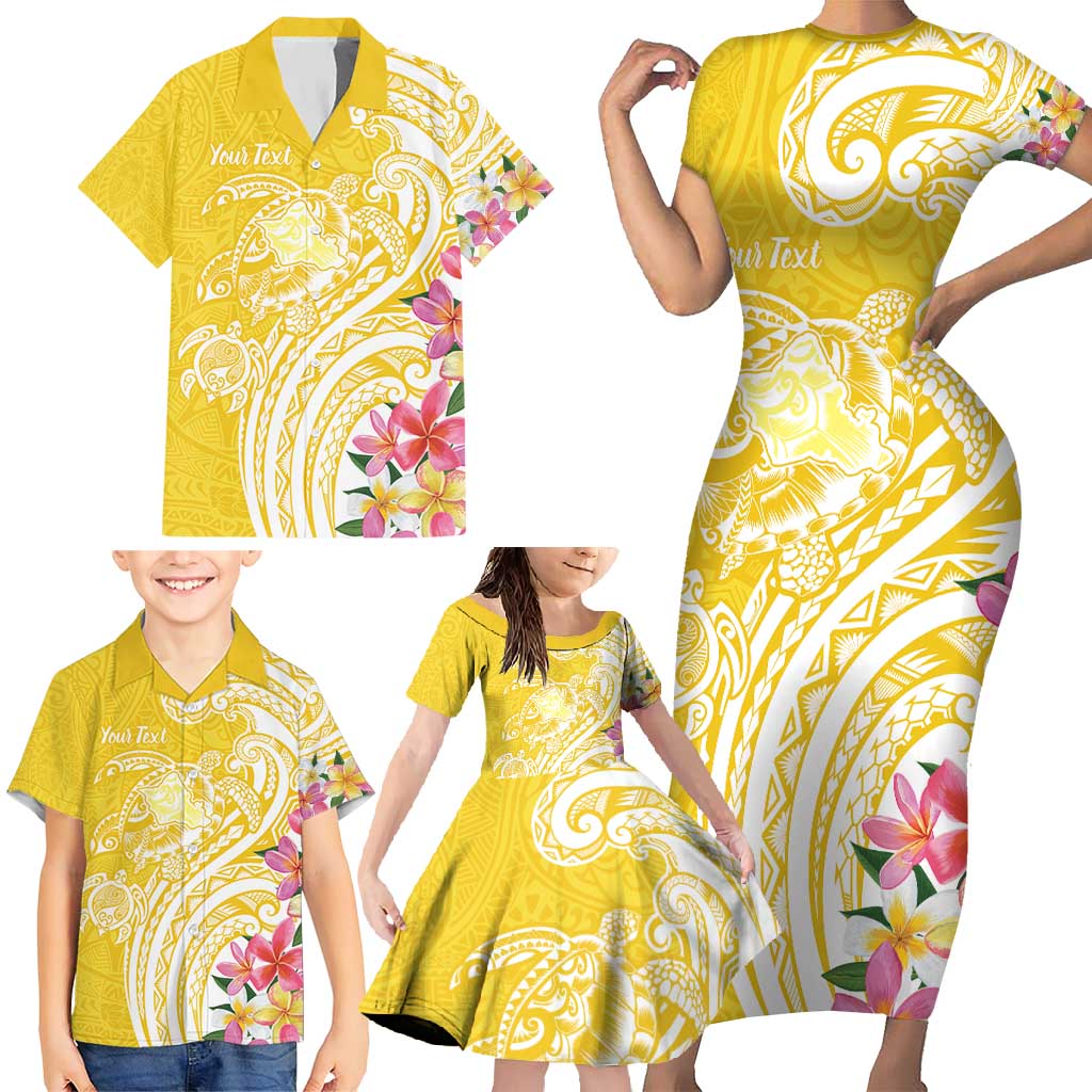 Aloha Oahu Island Personalized Family Matching Short Sleeve Bodycon Dress and Hawaiian Shirt Yellow Dreamy Turtle