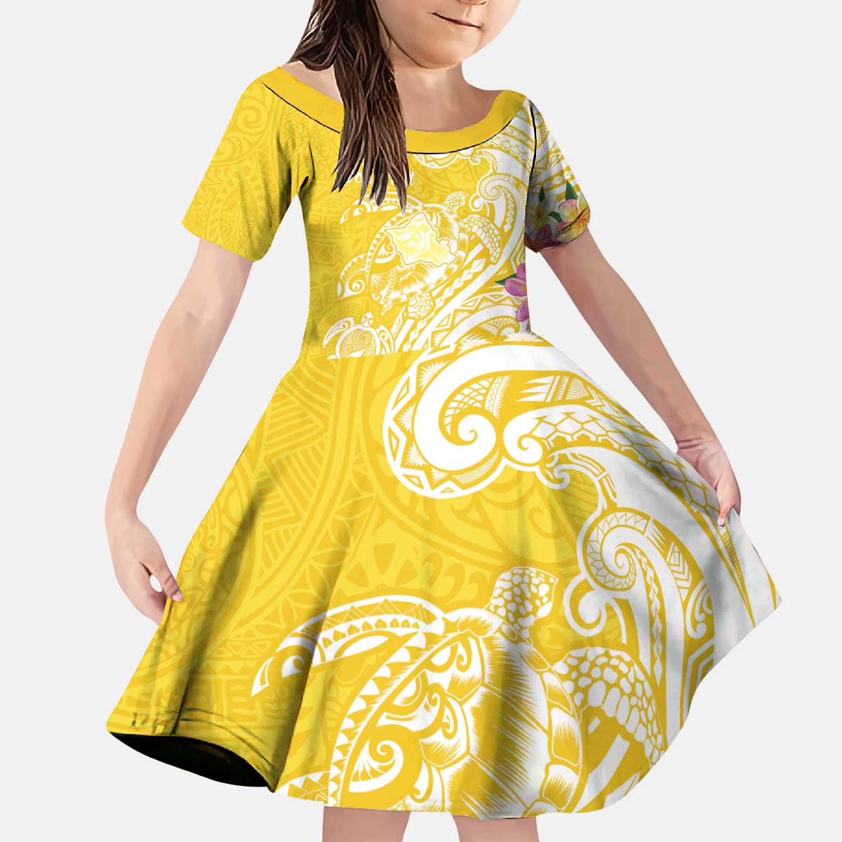 Aloha Oahu Island Personalized Kid Short Sleeve Dress Yellow Dreamy Turtle LT7 KID Yellow - Polynesian Pride