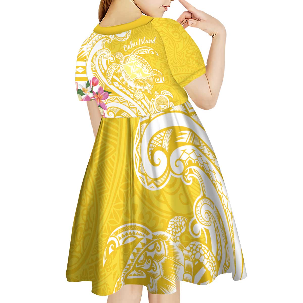 Aloha Oahu Island Personalized Kid Short Sleeve Dress Yellow Dreamy Turtle LT7 - Polynesian Pride