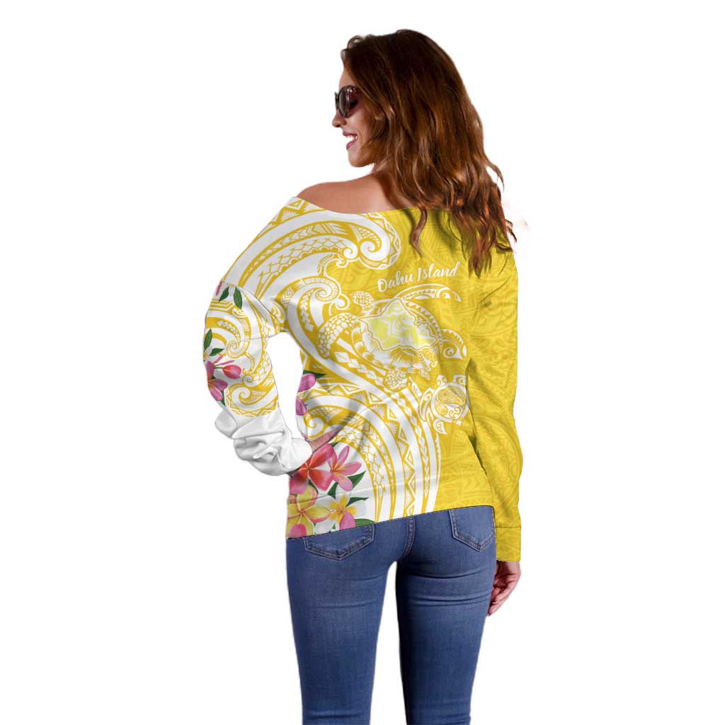 Aloha Oahu Island Personalized Off Shoulder Sweater Yellow Dreamy Turtle