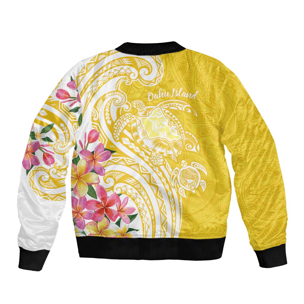 Aloha Oahu Island Personalized Sleeve Zip Bomber Jacket Yellow Dreamy Turtle