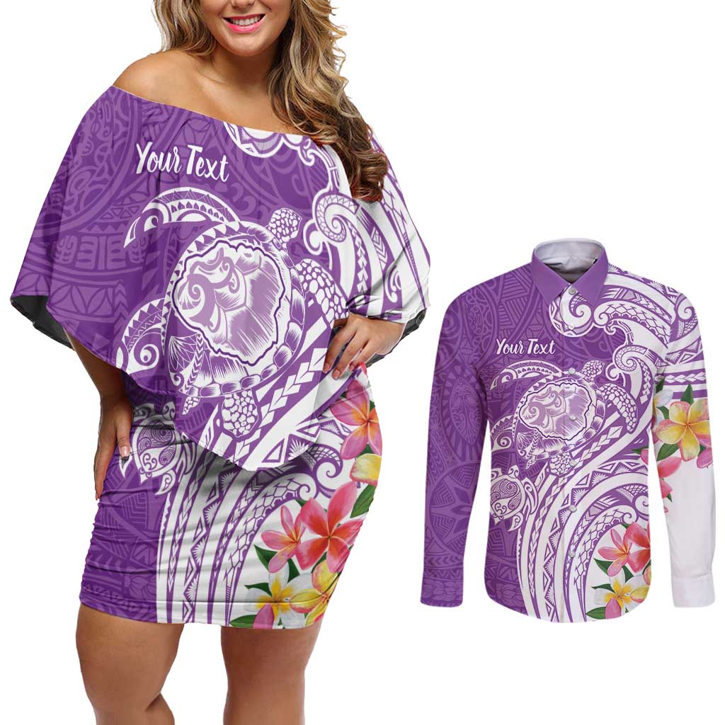 Aloha Kauai Island Personalized Couples Matching Off Shoulder Short Dress and Long Sleeve Button Shirt Lilac Dreamy Turtle