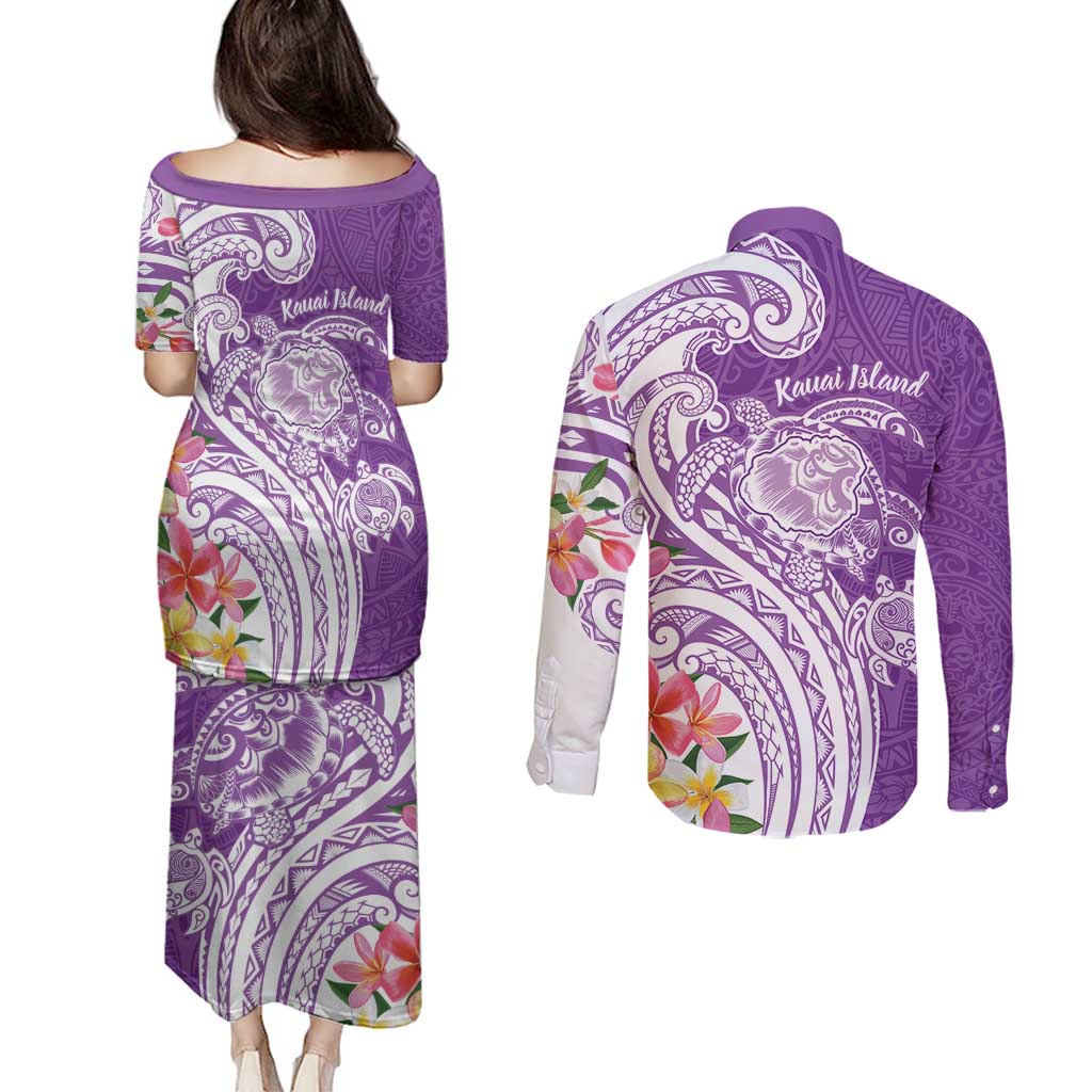 Aloha Kauai Island Personalized Couples Matching Puletasi and Long Sleeve Button Shirt Lilac Dreamy Turtle LT7 - Polynesian Pride