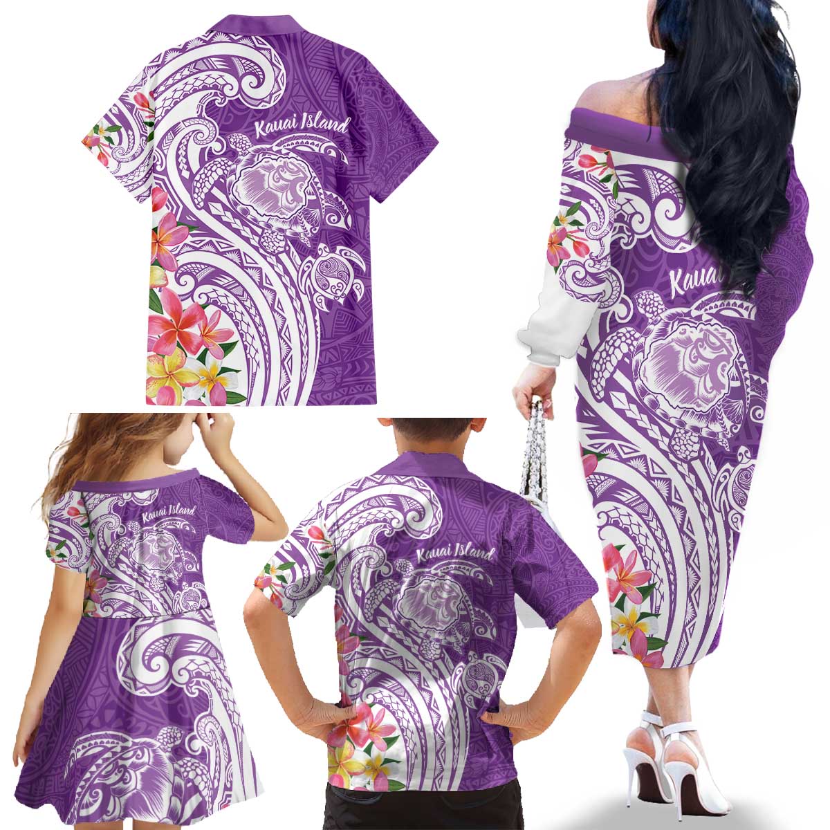 Aloha Kauai Island Personalized Family Matching Off The Shoulder Long Sleeve Dress and Hawaiian Shirt Lilac Dreamy Turtle