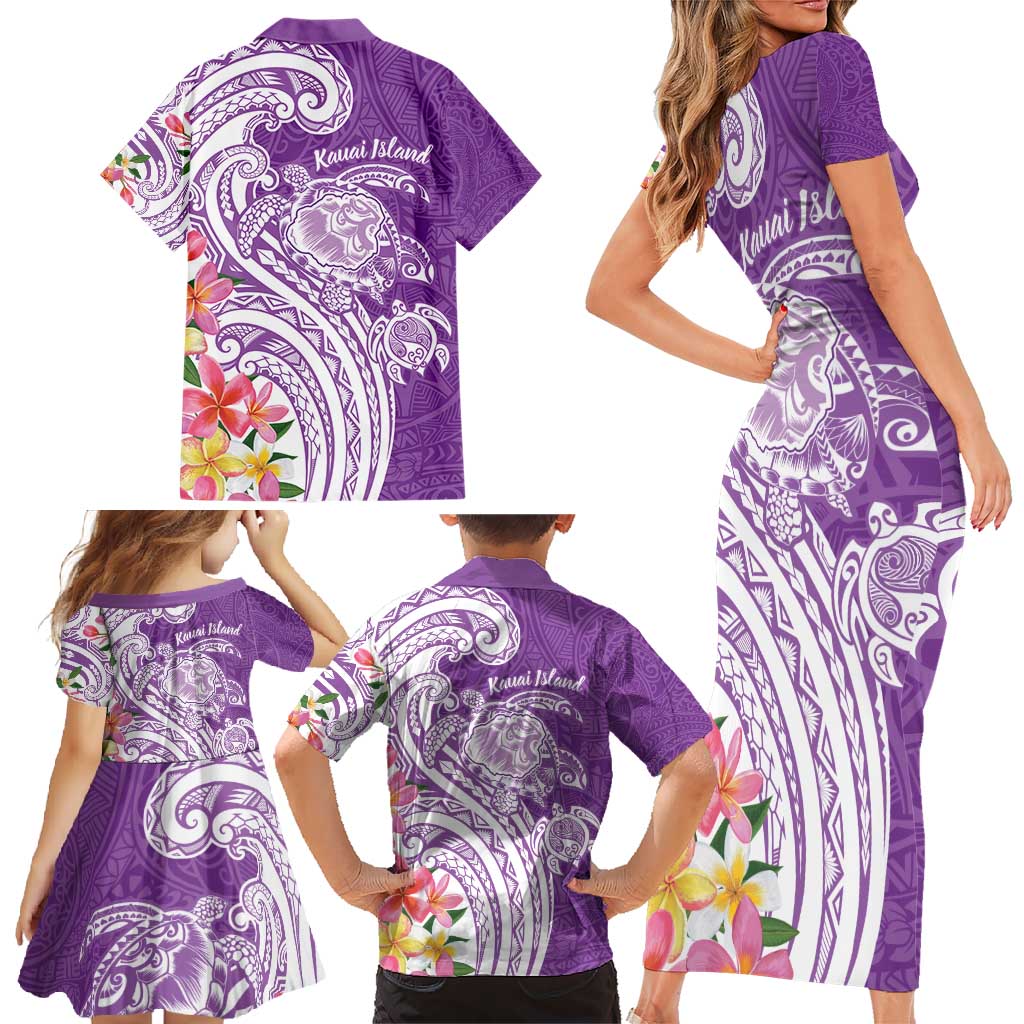 Aloha Kauai Island Personalized Family Matching Short Sleeve Bodycon Dress and Hawaiian Shirt Lilac Dreamy Turtle