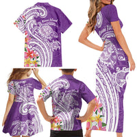 Aloha Kauai Island Personalized Family Matching Short Sleeve Bodycon Dress and Hawaiian Shirt Lilac Dreamy Turtle
