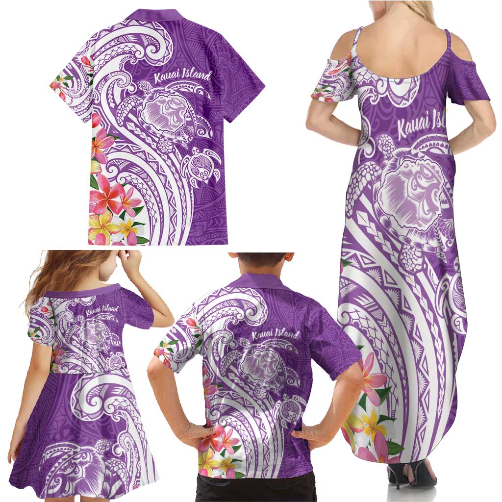 Aloha Kauai Island Personalized Family Matching Summer Maxi Dress and Hawaiian Shirt Lilac Dreamy Turtle