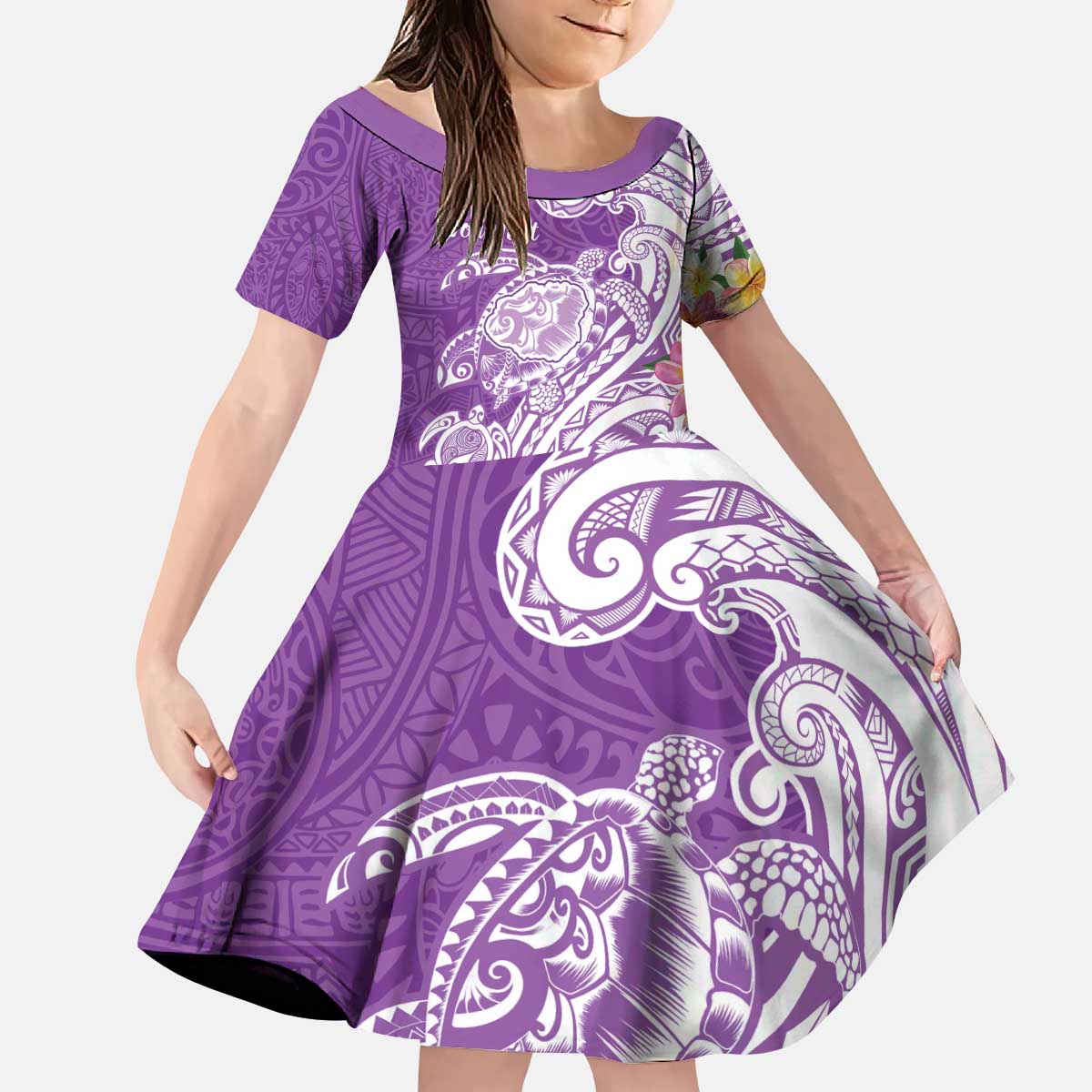 Aloha Kauai Island Personalized Kid Short Sleeve Dress Lilac Dreamy Turtle LT7 KID Lilac - Polynesian Pride