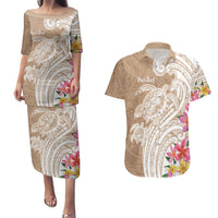 Aloha Niihau Island Personalized Couples Matching Puletasi and Hawaiian Shirt Beige Dreamy Turtle LT7 Beige - Polynesian Pride