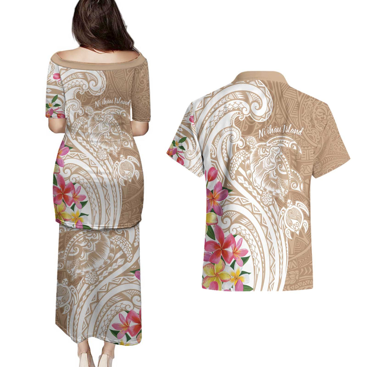 Aloha Niihau Island Personalized Couples Matching Puletasi and Hawaiian Shirt Beige Dreamy Turtle LT7 - Polynesian Pride