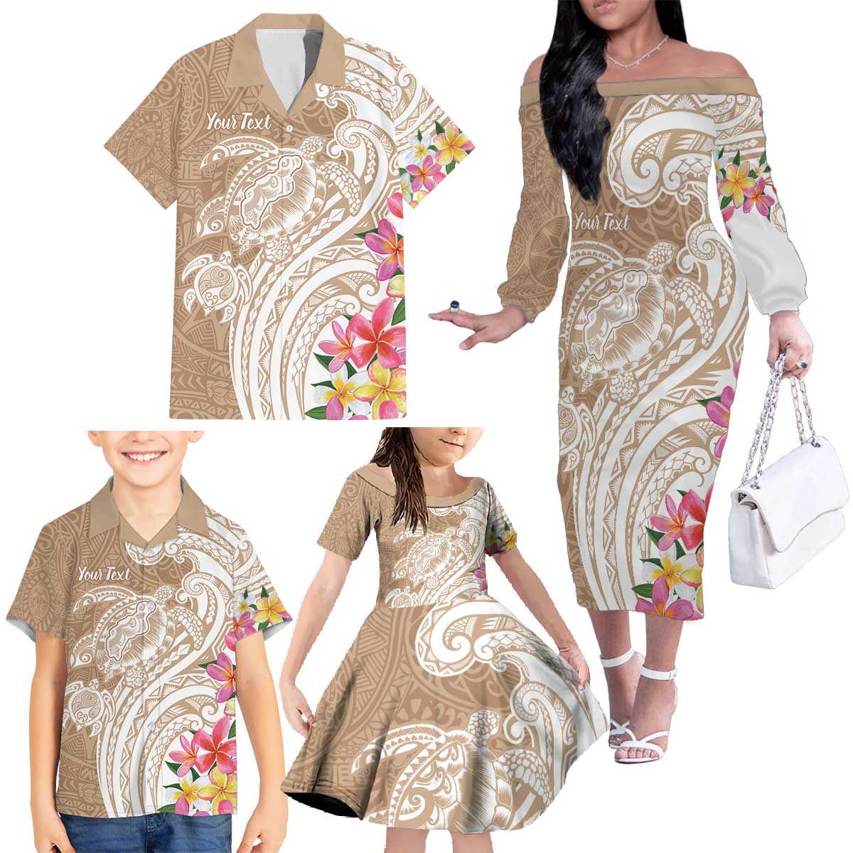 Aloha Ni’ihau Island Personalized Family Matching Off The Shoulder Long Sleeve Dress and Hawaiian Shirt Beige Dreamy Turtle