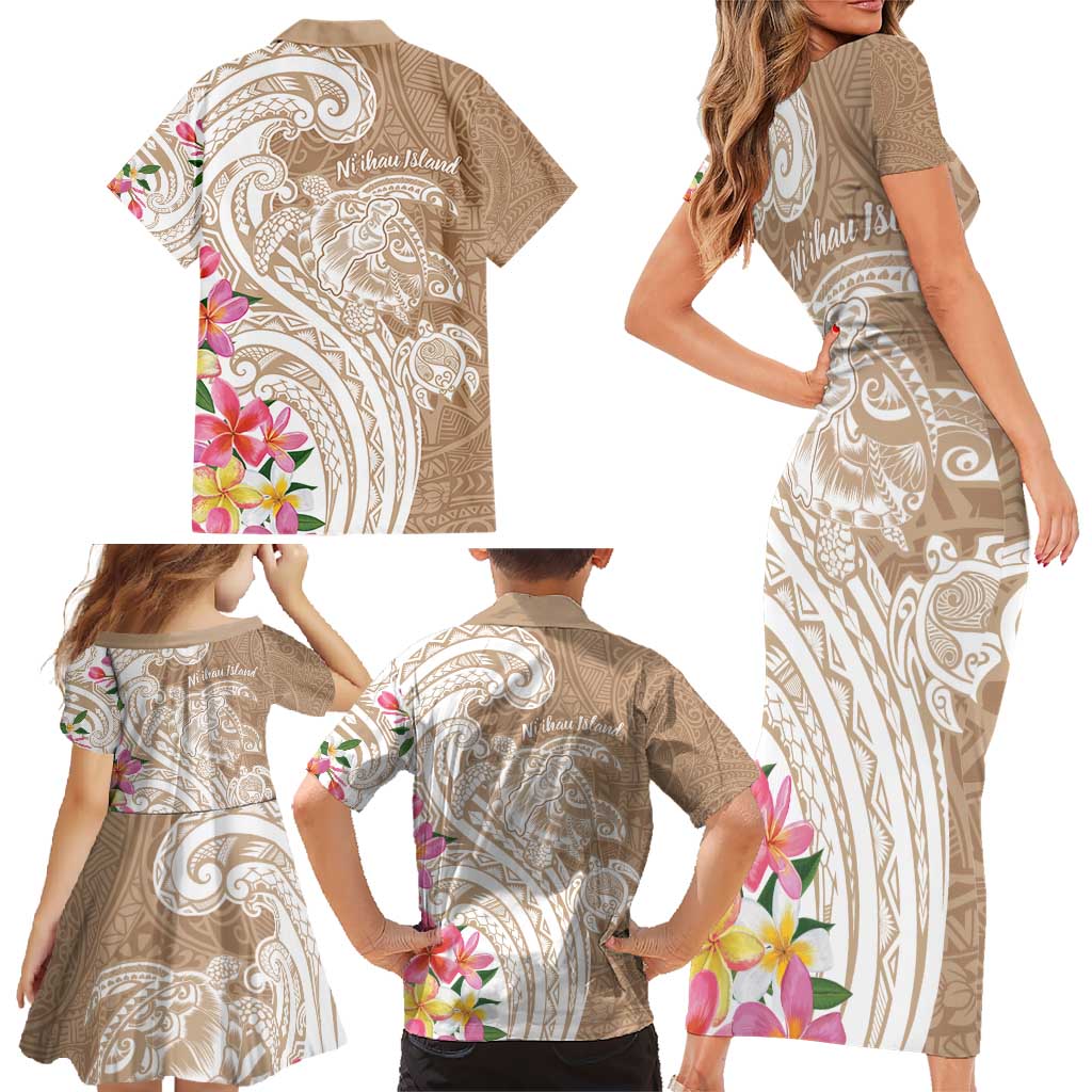 Aloha Ni’ihau Island Personalized Family Matching Short Sleeve Bodycon Dress and Hawaiian Shirt Beige Dreamy Turtle
