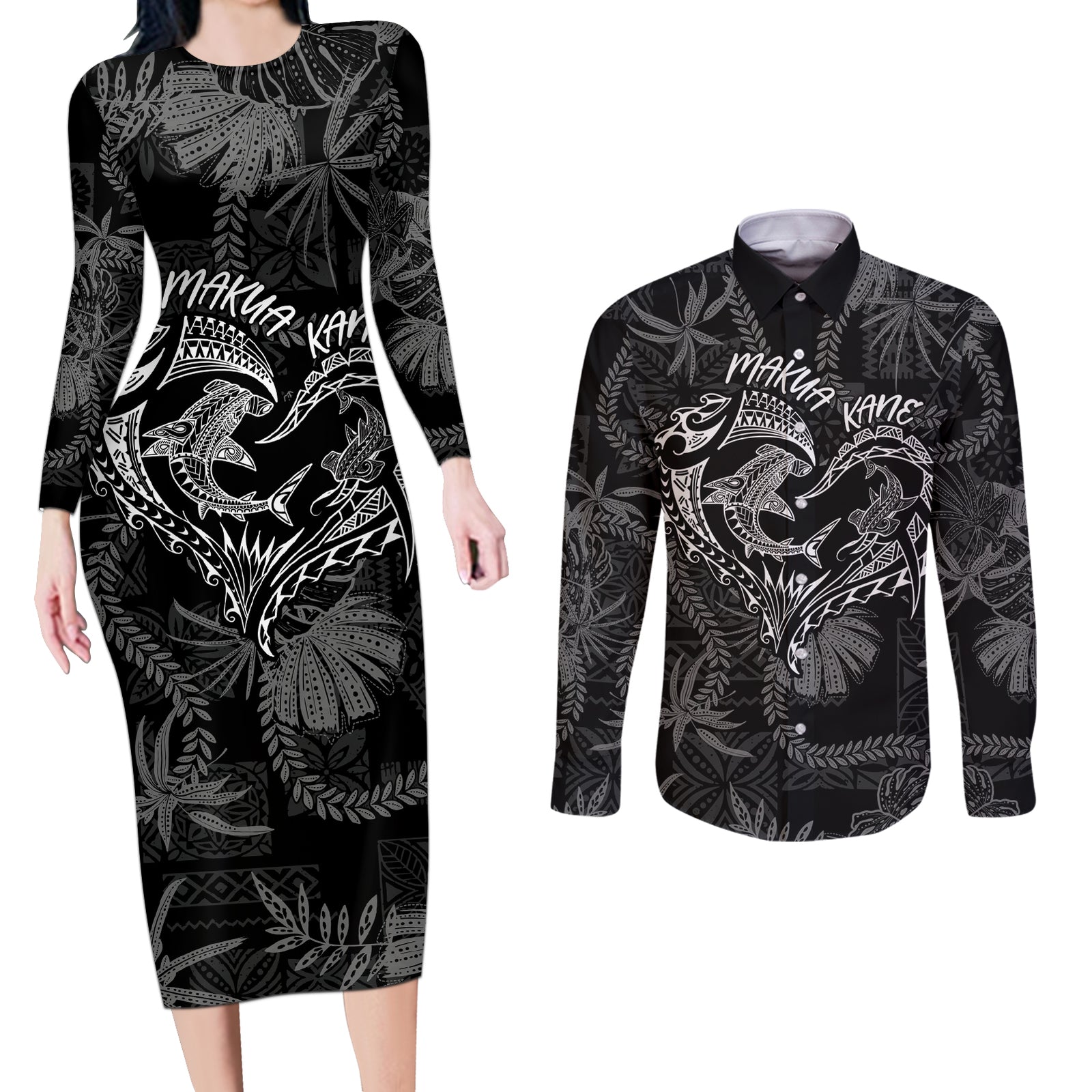 Hawaii Father's Day Vintage Lei Couples Matching Long Sleeve Bodycon Dress and Long Sleeve Button Shirt Hauoli la Makuakane - Black LT7 Black - Polynesian Pride