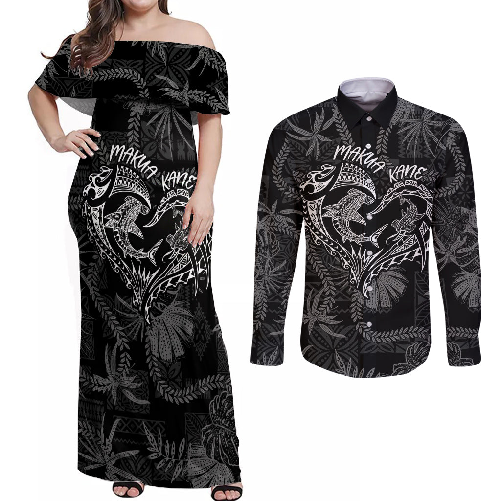 Hawaii Father's Day Vintage Lei Couples Matching Off Shoulder Maxi Dress and Long Sleeve Button Shirt Hauoli la Makuakane - Black LT7 Black - Polynesian Pride