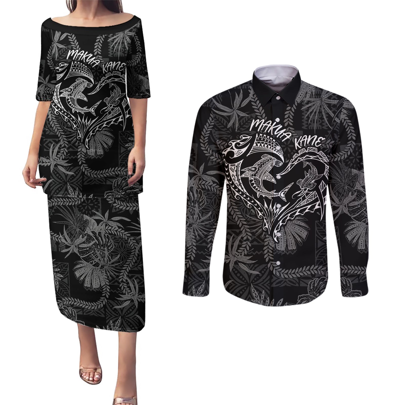 Hawaii Father's Day Vintage Lei Couples Matching Puletasi and Long Sleeve Button Shirt Hauoli la Makuakane - Black LT7 Black - Polynesian Pride