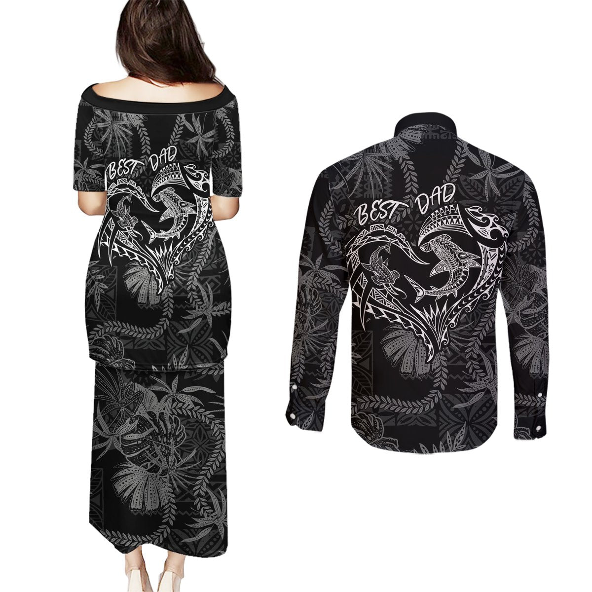 Hawaii Father's Day Vintage Lei Couples Matching Puletasi and Long Sleeve Button Shirt Hauoli la Makuakane - Black LT7 - Polynesian Pride