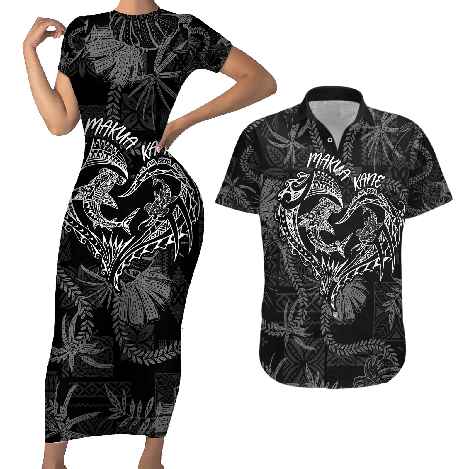 Hawaii Father's Day Vintage Lei Couples Matching Short Sleeve Bodycon Dress and Hawaiian Shirt Hauoli la Makuakane - Black LT7 Black - Polynesian Pride