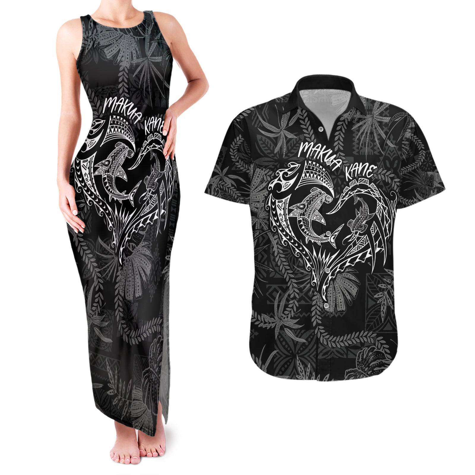 Hawaii Father's Day Vintage Lei Couples Matching Tank Maxi Dress and Hawaiian Shirt Hauoli la Makuakane - Black LT7 Black - Polynesian Pride