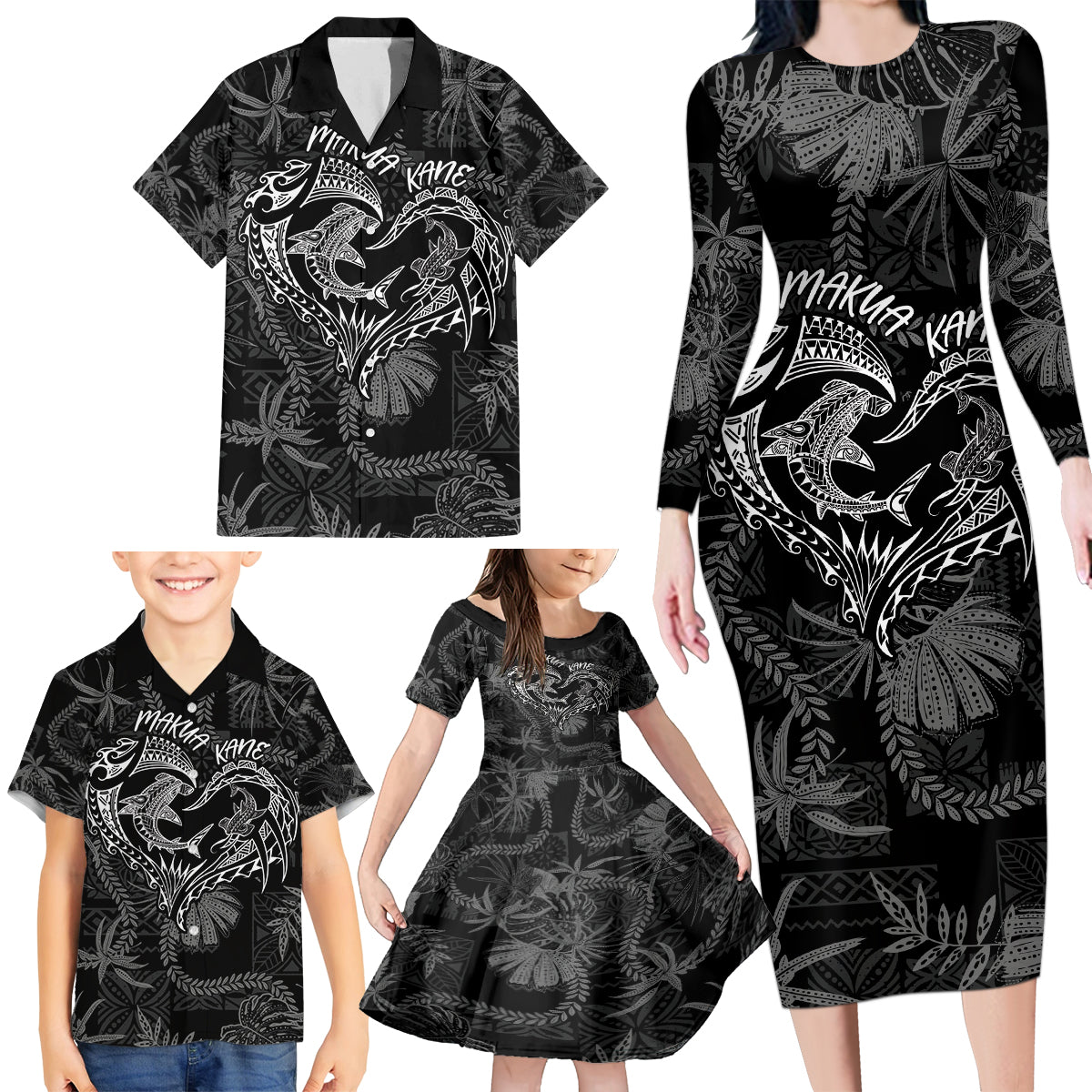 Hawaii Father's Day Vintage Lei Family Matching Long Sleeve Bodycon Dress and Hawaiian Shirt Hauoli la Makuakane - Black