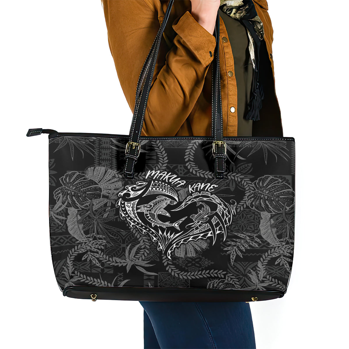 Hawaii Father's Day Vintage Lei Leather Tote Bag Hauoli la Makuakane - Black LT7 - Polynesian Pride