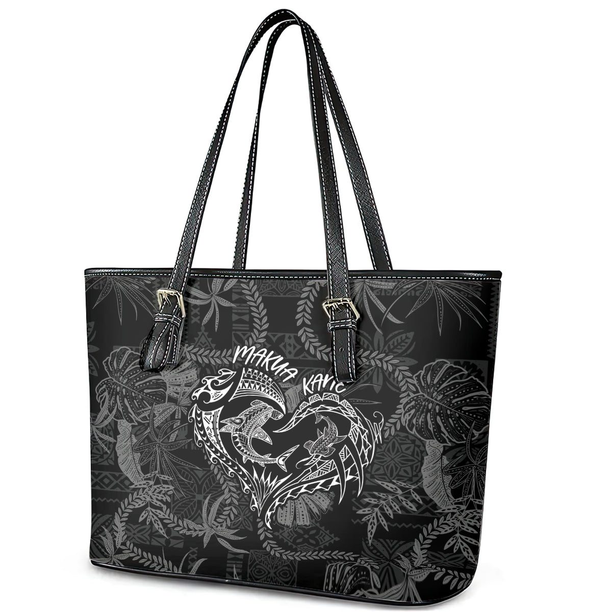 Hawaii Father's Day Vintage Lei Leather Tote Bag Hauoli la Makuakane - Black LT7 - Polynesian Pride