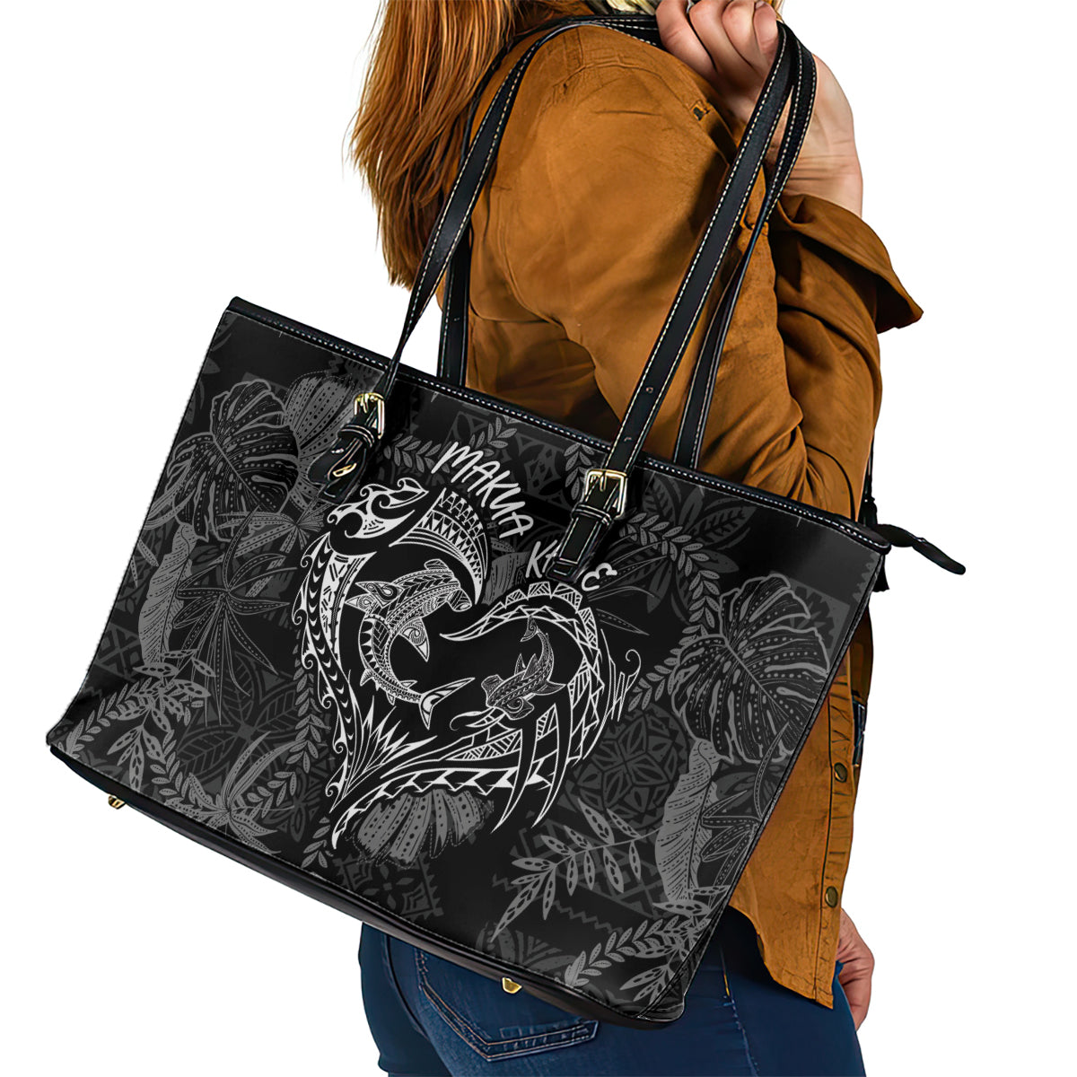 Hawaii Father's Day Vintage Lei Leather Tote Bag Hauoli la Makuakane - Black LT7 - Polynesian Pride