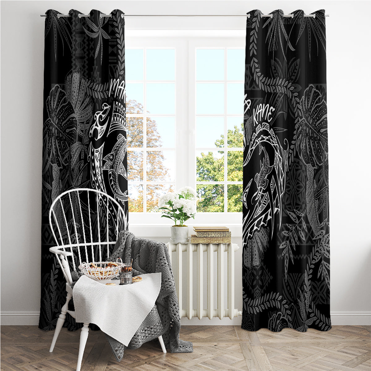 Hawaii Father's Day Vintage Lei Window Curtain Hauoli la Makuakane - Black LT7 - Polynesian Pride